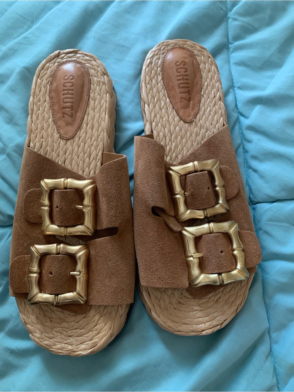 SCHUTZ Tan Suede Slide Sandals with Gold Buckle Accents
